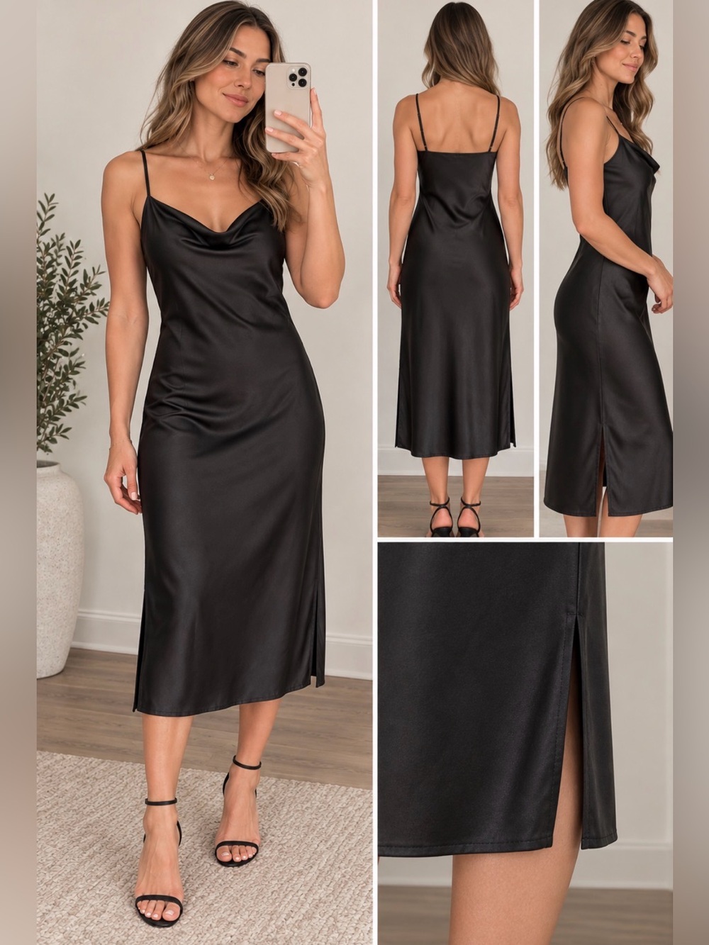 Express Black Satin Slip Dress Cowl Neck Side Slit Midi Size M